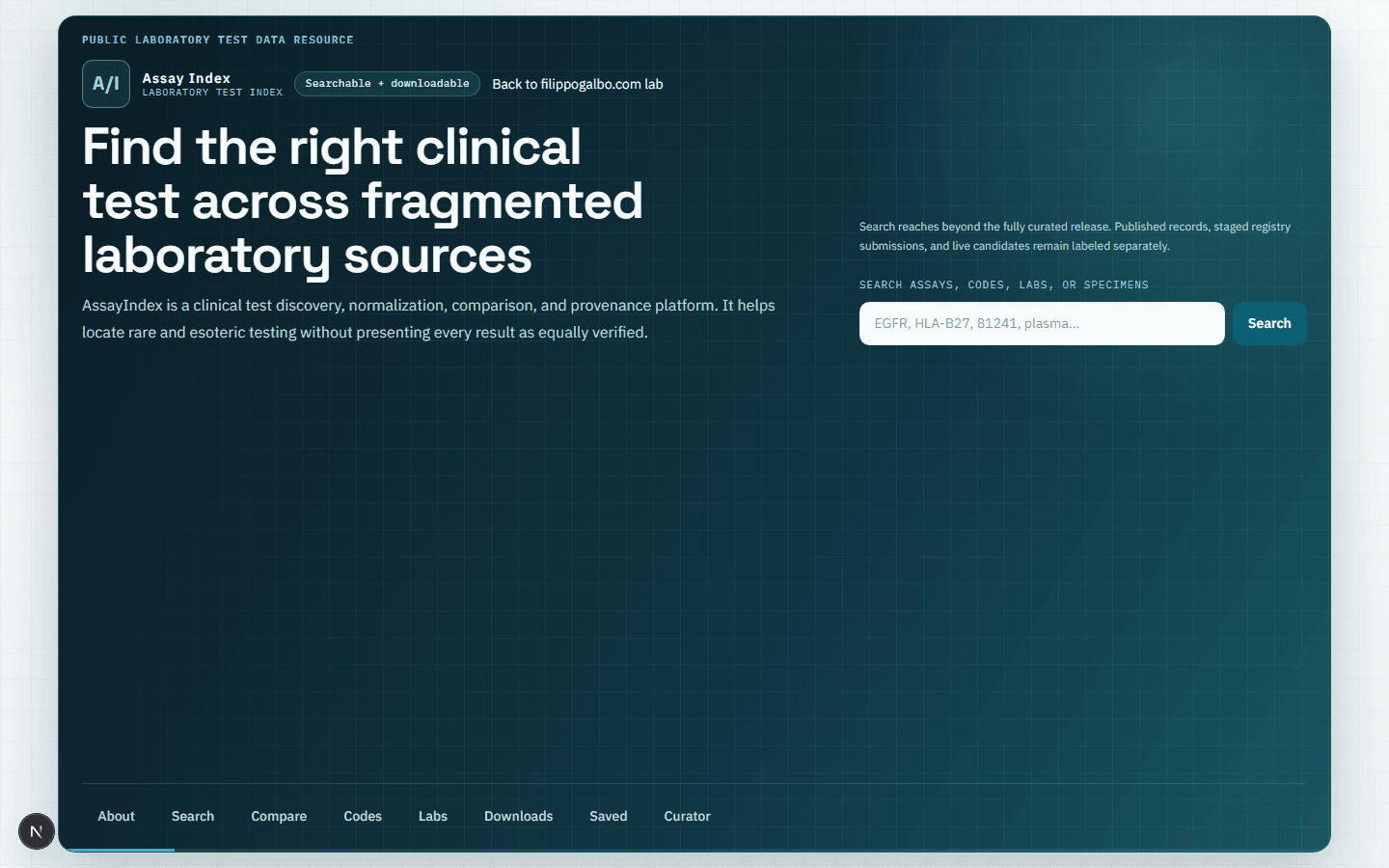 AssayIndex clinical laboratory test search interface